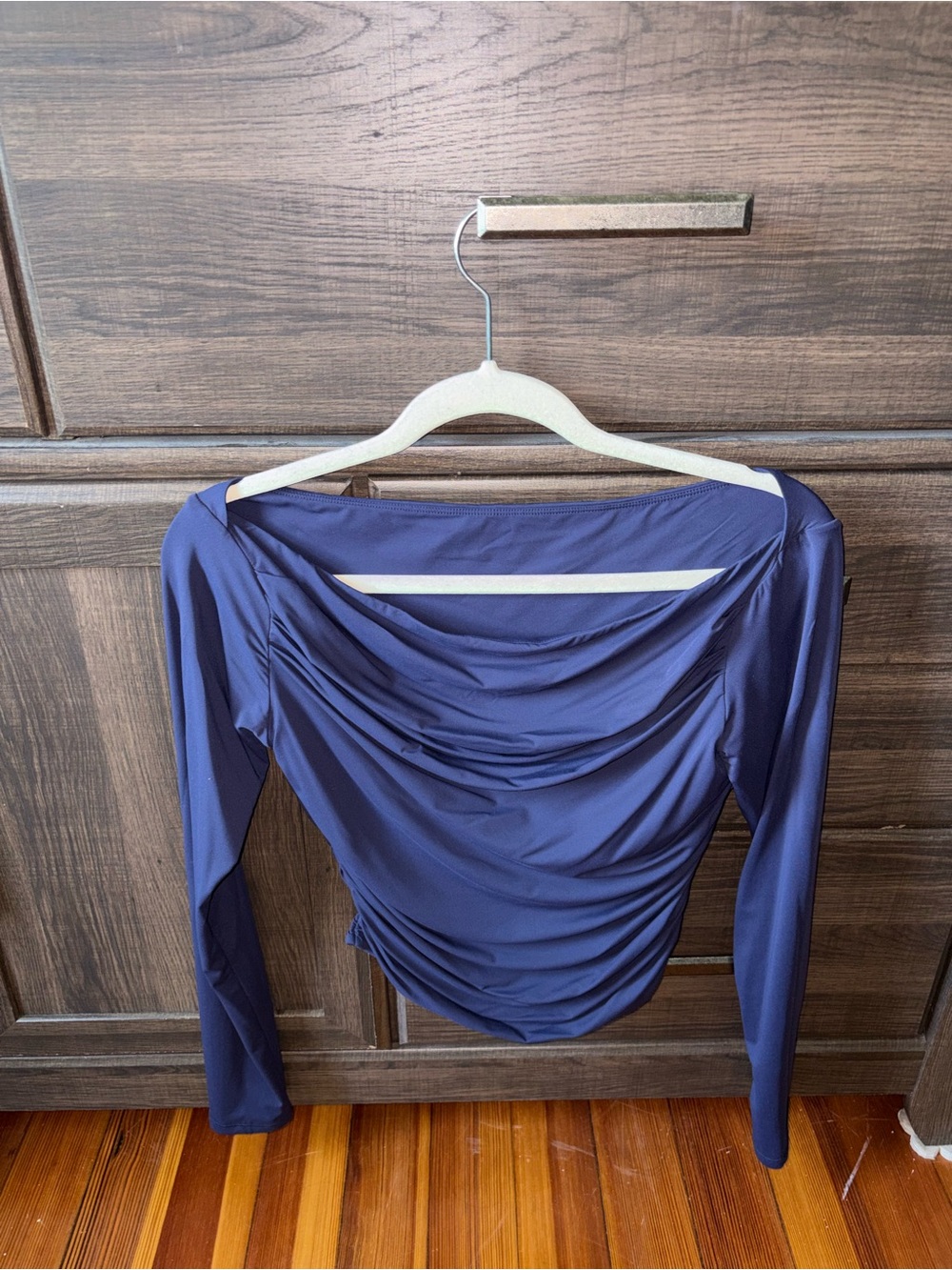 Draped Long-Sleeve Top in Navy Blue